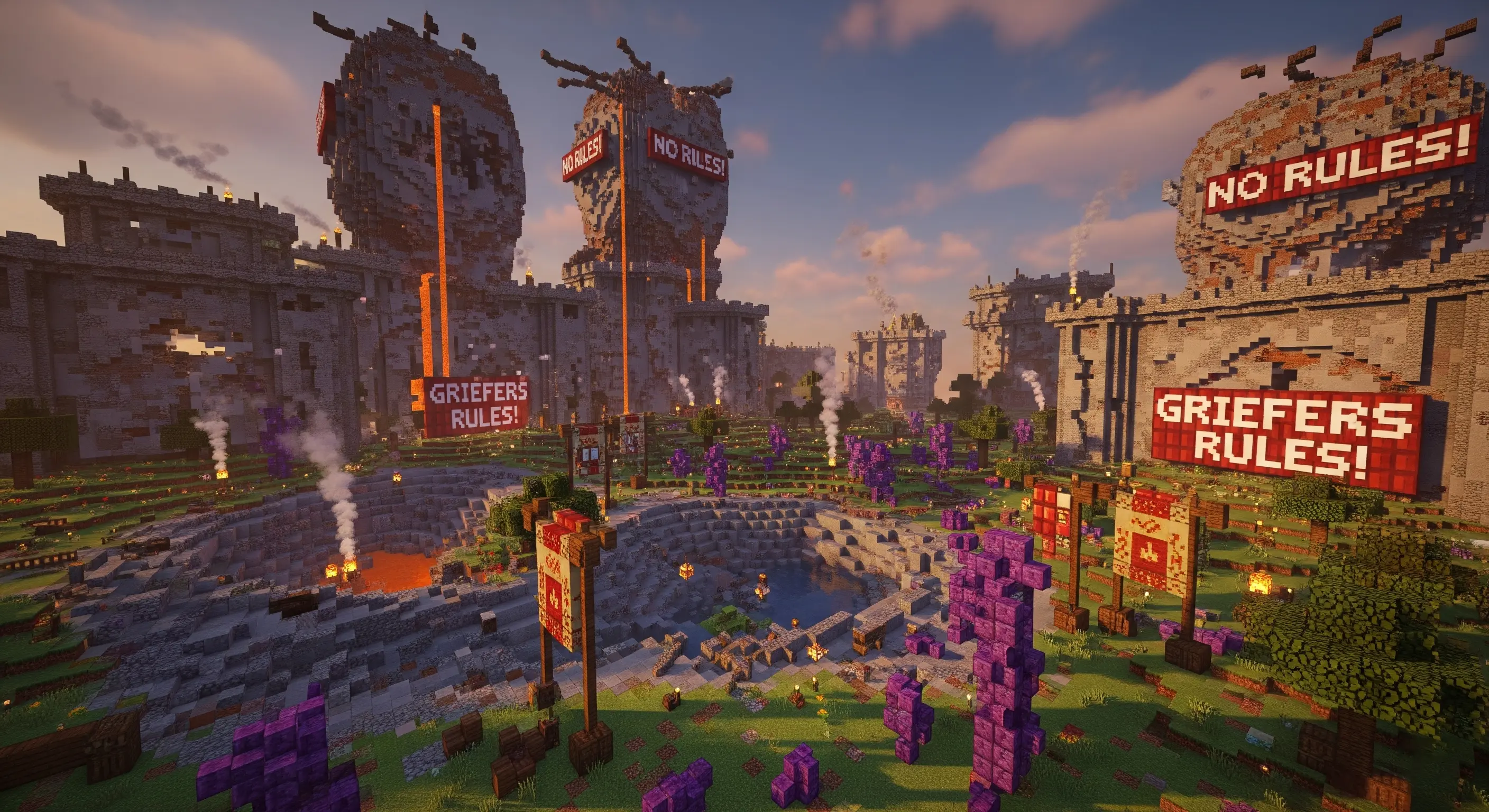 A collage of chaotic spawn regions from various Minecraft anarchy servers.